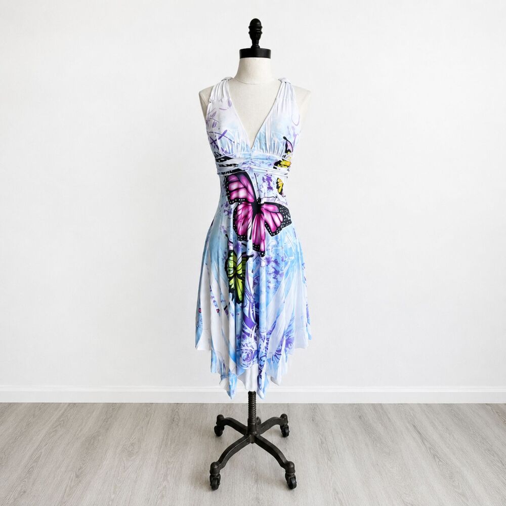 Y2K Fairy Butterfly Halter Dress Small Pastel Blue Handkerchief Hem Ethereal